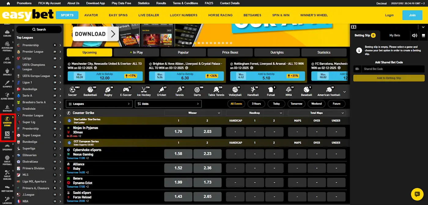 easybet Counter Strike and DOTA2 Betting Screenshot